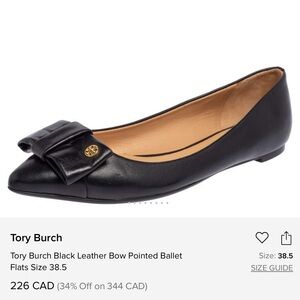 Tory Burch Black Pointed Bow Leather Ballet Flat with Gold Emblem